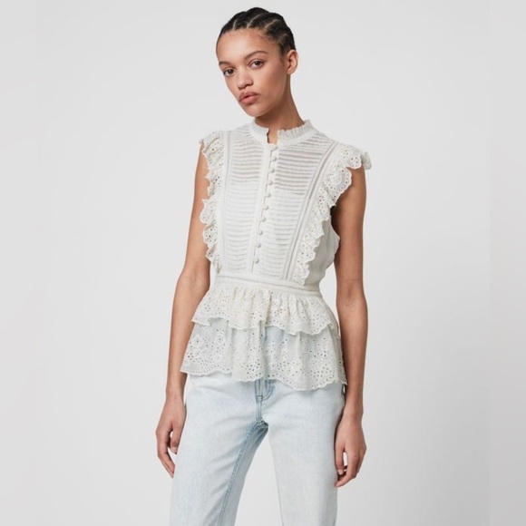 All Saints Lola Eyelet Embroidered Blouse Top Ruffle Pintuck Floral size 10 - Picture 1 of 12